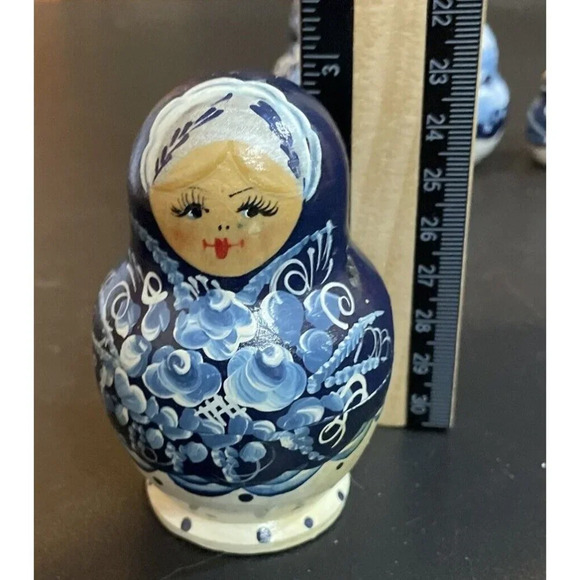 Russian Nesting‎ Dolls 5 Piece Hand Painted Wood Blue Floral Flowers - Picture 4 of 4
